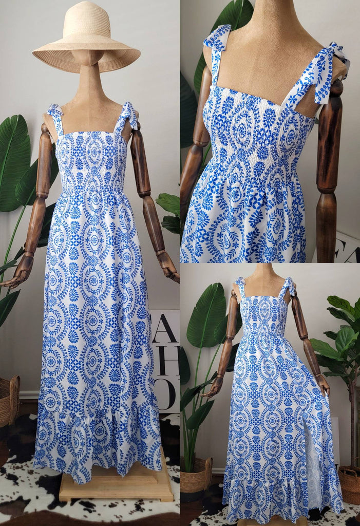 Royal Patterned Smocked Maxi Dress Clothing Affection Apparel   