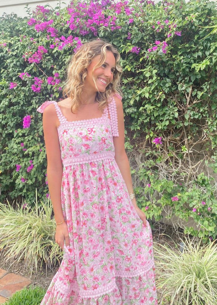 Pink Floral Print Maxi with Tie Strap Shoulders Clothing Peacocks & Pearls Lexington   