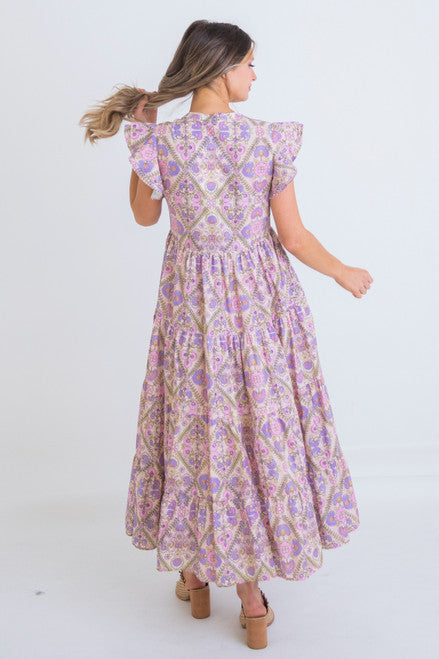 Lavender Floral V-neck Tiered Maxi Dress Clothing Karlie   