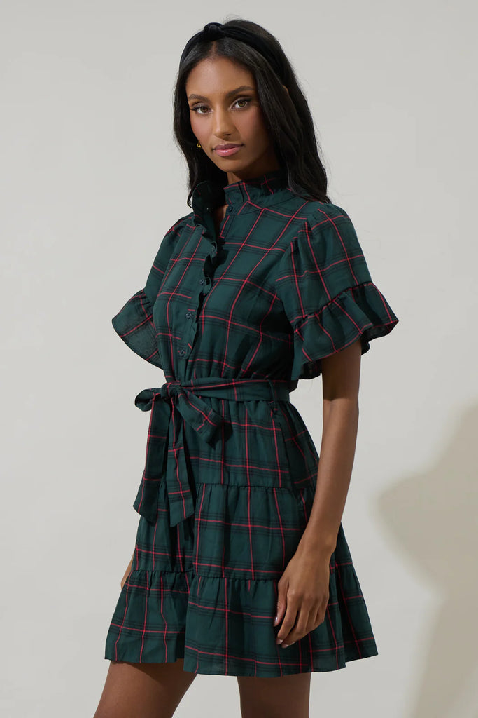 Brook Plaid Cottonwood Ruffle Button Down Mini Dress Clothing Peacocks & Pearls Lexington   