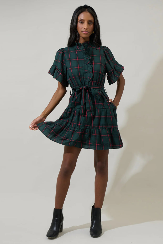 Brook Plaid Cottonwood Ruffle Button Down Mini Dress Clothing Peacocks & Pearls Lexington   