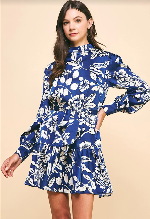 Cozy Florals Satin Dress Clothing Peacocks & Pearls Lexington Navy S 