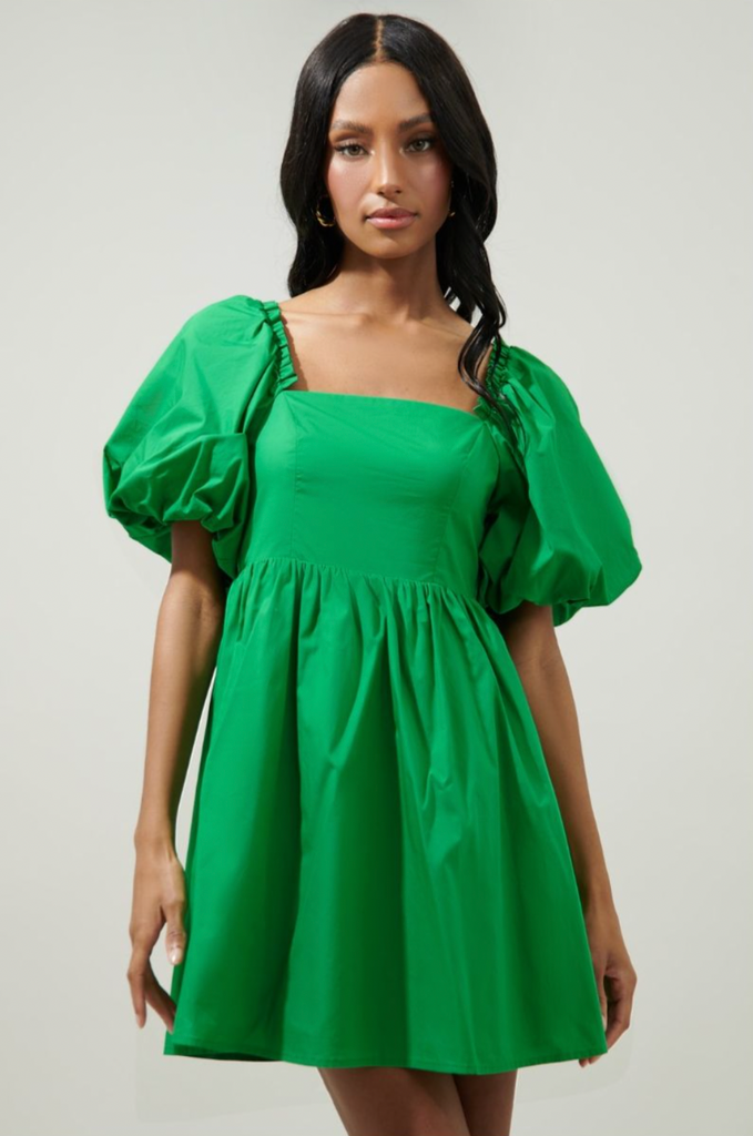 Floral Puff Slv Babydoll Dress Clothing SugarLips Green XS 