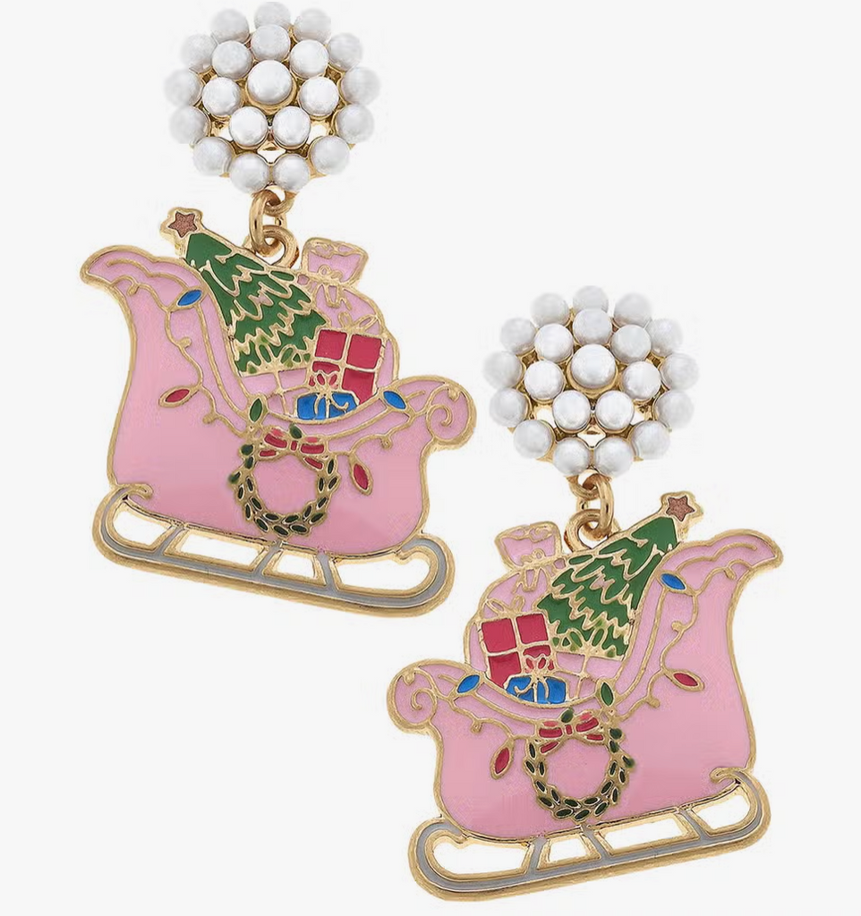 Christmas Sleigh Enamel Earrings in Pink & Green Jewelry Canvas Style   