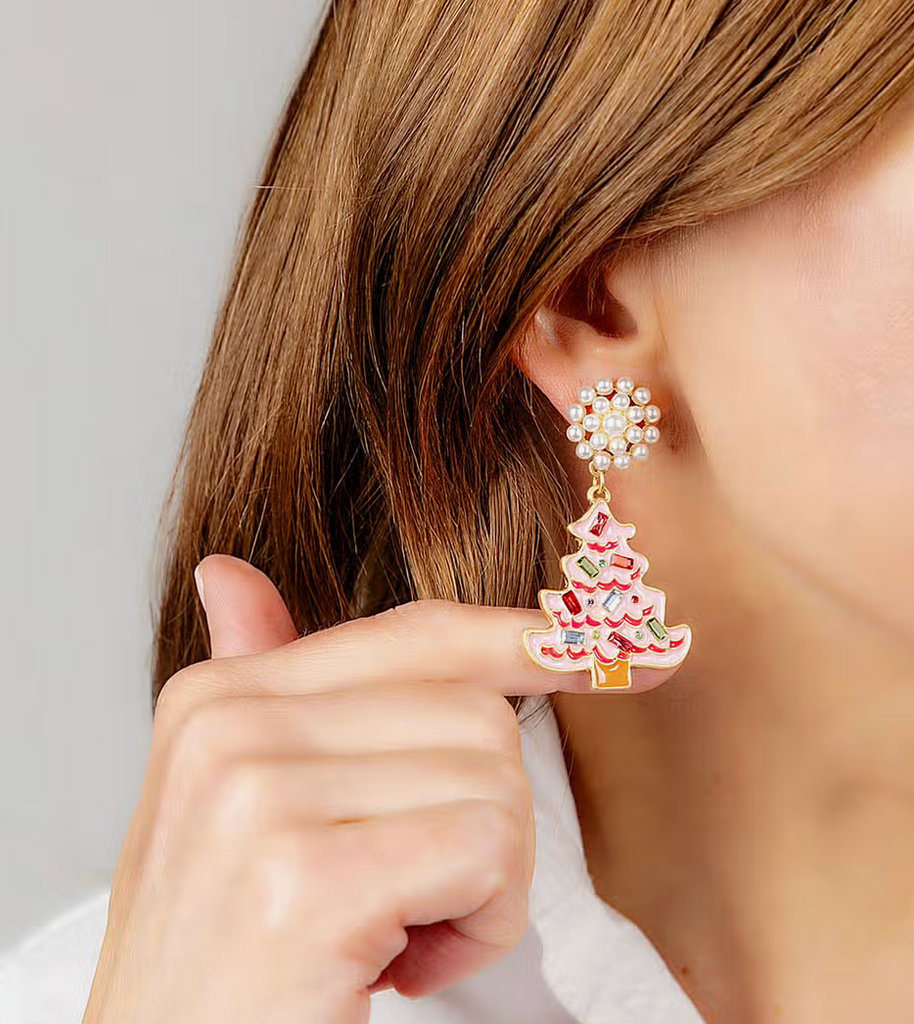 Rhinestone Christmas Tree Enamel Earrings in Pink Clothing Canvas Style   