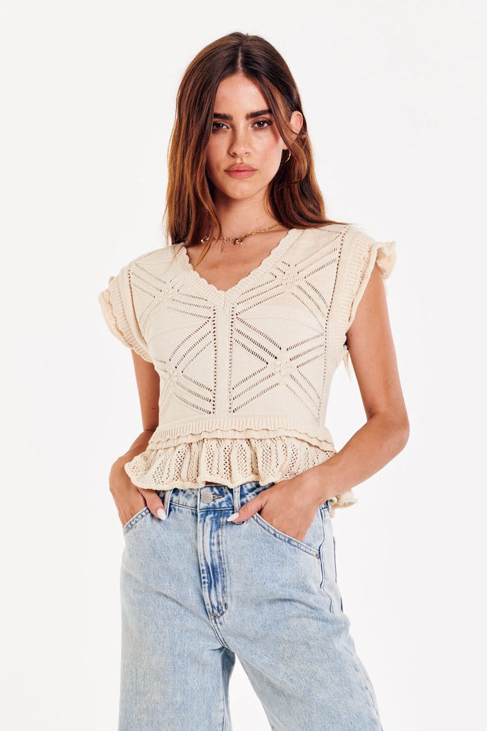 Cream V-Neck Flutter Sleeve Sweater Top Clothing Another Love   