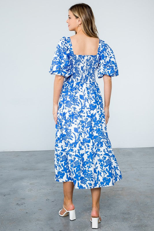 Blue Floral Smocked Puff Print Midi Dress Peacocks & Pearls Lexington Blue Floral Smocked Puff Print Midi Dress Peacocks & Pearls Lexington