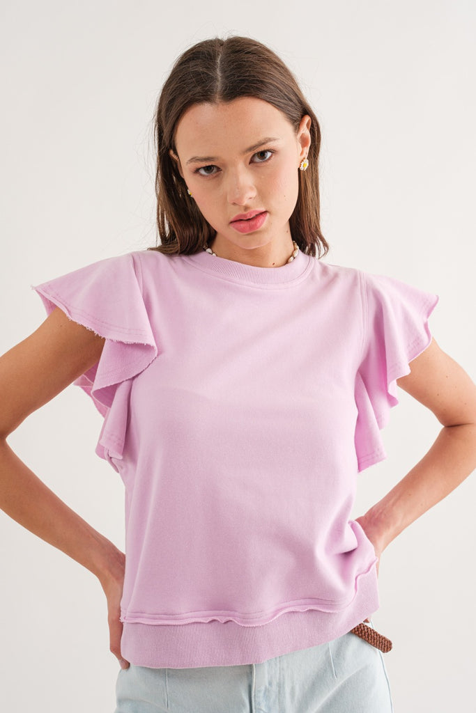 Lavender Ruffle Detail Sleeve Top Clothing The Greii   
