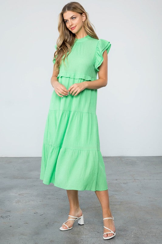 Green Flutter Sleeve Tiered Midi Dress Clothing THML   