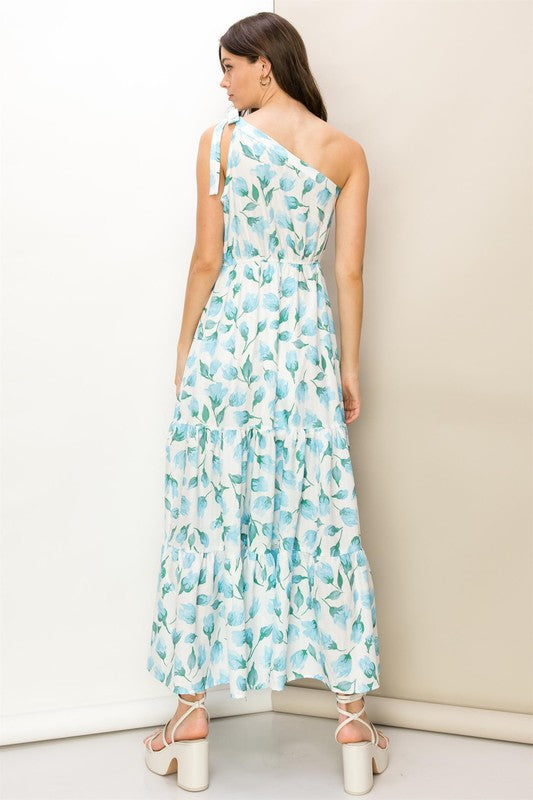 blue and white floral one shoulder dress Toperth Blue Floral Pleated One Shoulder Maxi Dress Toperth