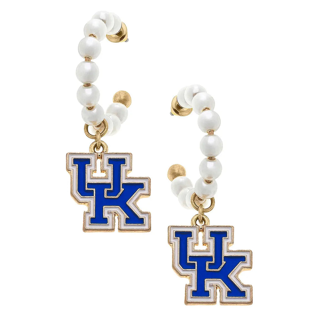 Kentucky Wildcats Pearl Hoop Enamel Drop Earrings in Blue Jewelry Peacocks & Pearls Lexington   