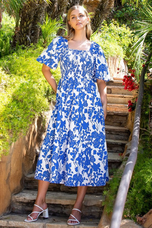 Blue Floral Smocked Puff Print Midi Dress Clothing THML   