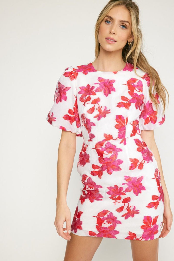 Loral Jacquard Puff Slv Floral Dress Clothing Entro   