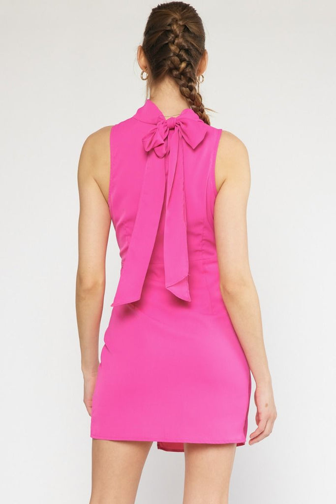 Hot Pink Sleeveless Mock Neck Wrap Dress Clothing Entro   