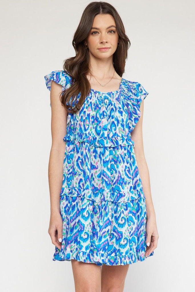 Blue Printed Tiered Ruffle Elastic Sleeve Dress Clothing Entro   