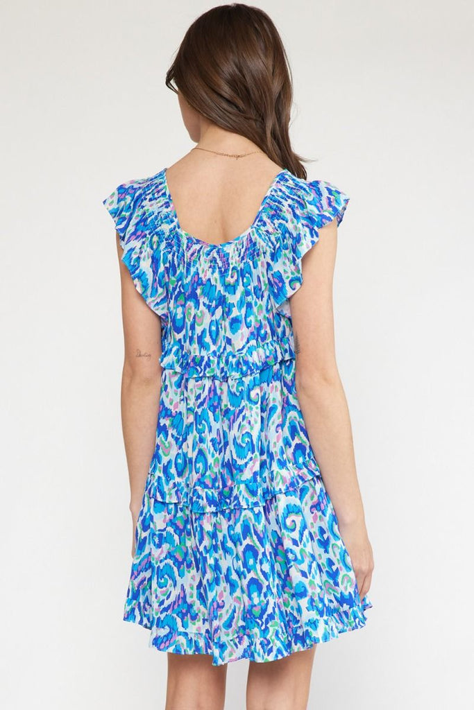 Blue Printed Tiered Ruffle Elastic Sleeve Dress Clothing Entro   