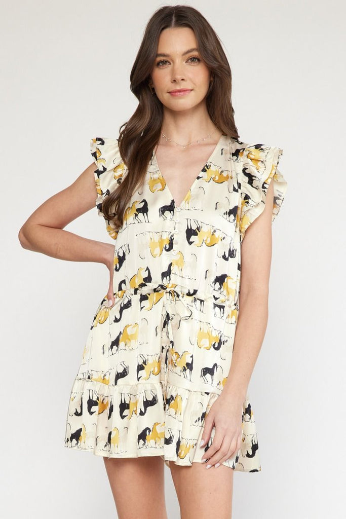 Cream Horse Print Flutter Sleeve Romper Clothing Entro   