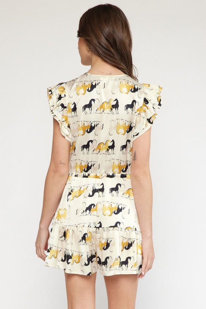 Cream Horse Print Flutter Sleeve Romper Clothing Entro   