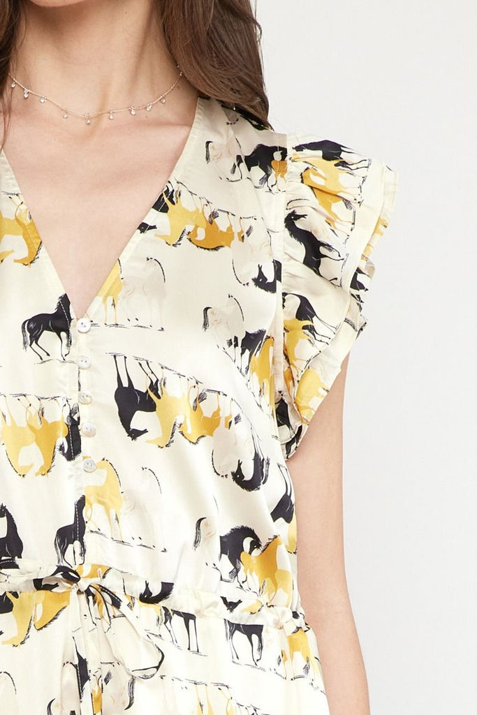 Cream Horse Print Flutter Sleeve Romper Clothing Entro   