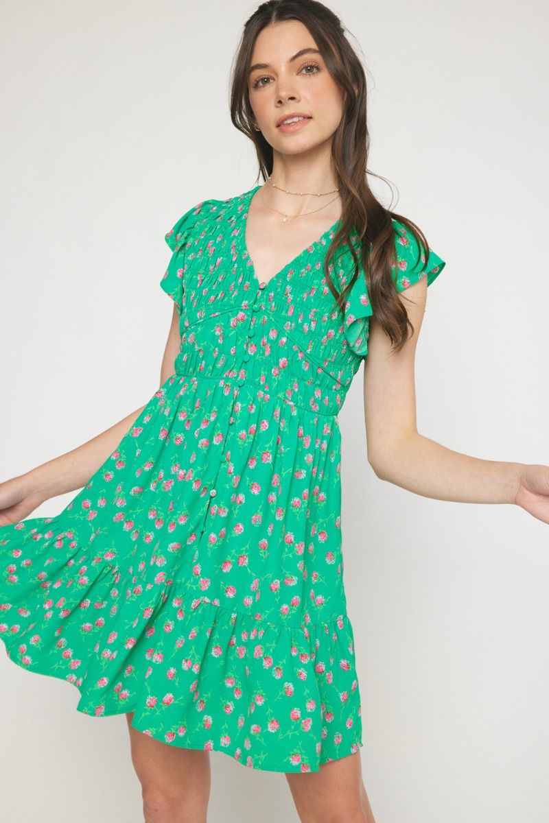 Green Floral Print V-Neck Dress With Buttons Peacocks & Pearls Lexington Green Floral Print V-Neck Dress With Buttons Peacocks & Pearls Lexington