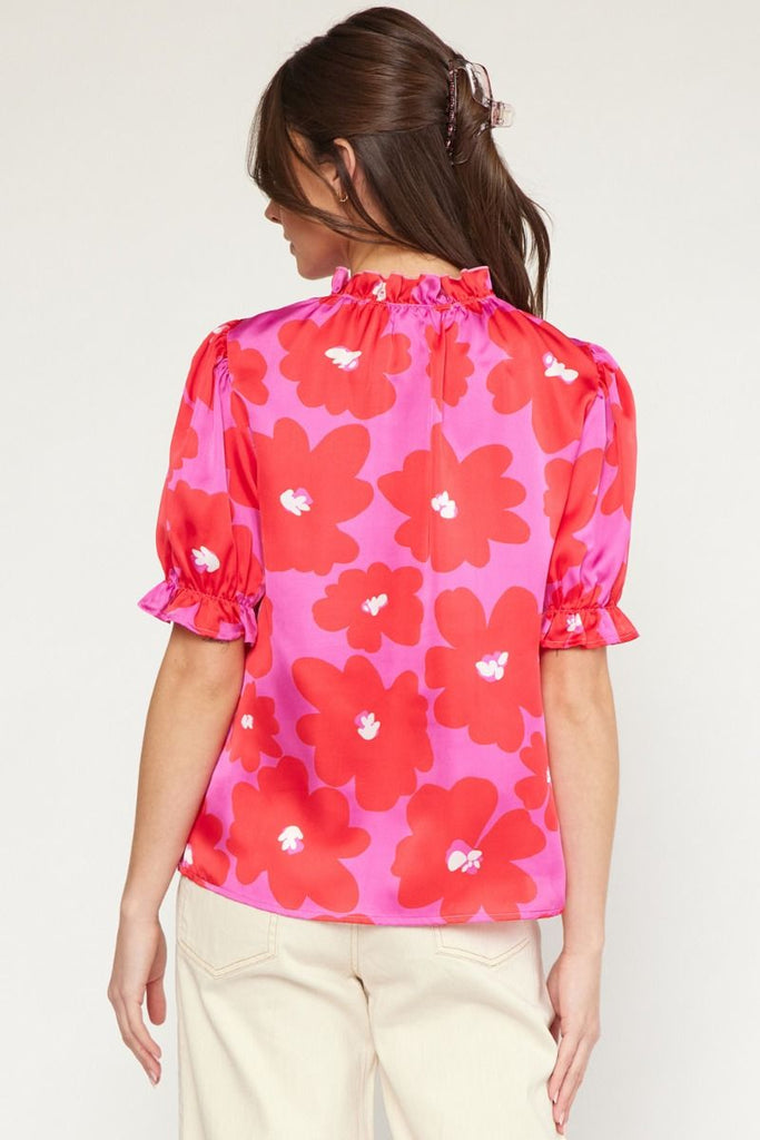 Pink/Red Floral Puff Sleeve Top Clothing entro   