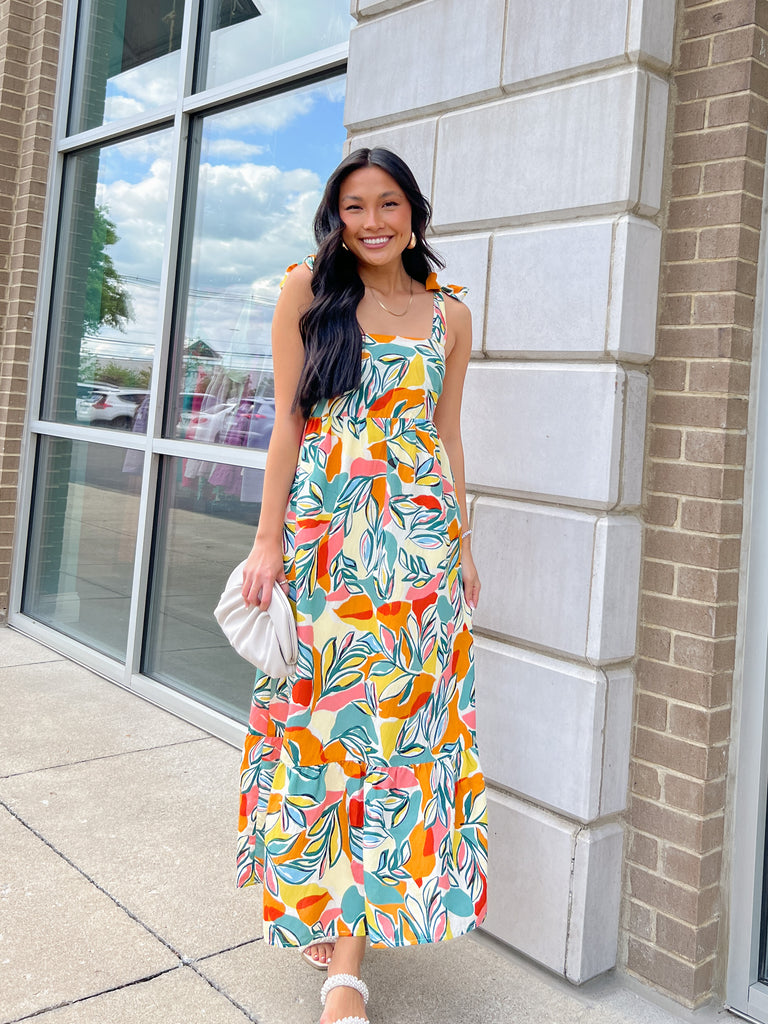 Tropical Abstract Leaves Tie Straps Maxi Dress Clothing THML   