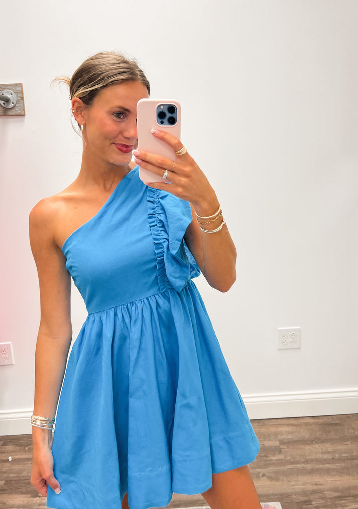 Blue One Shoulder Ruffle Dress Clothing Mable   