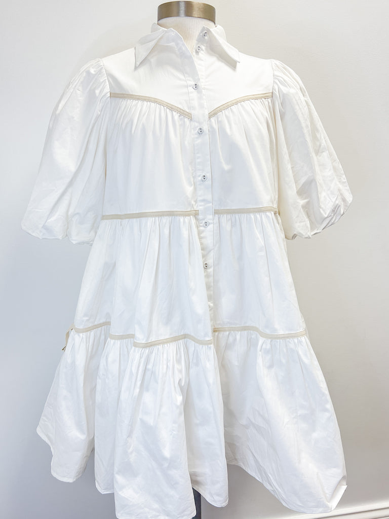 White Button Up Puff Shirt Dress Clothing Sophie the Label   