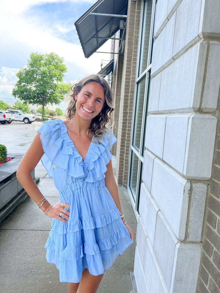 Blue Ruffle V-Neck Tiered Dress Clothing Mustard Seed   