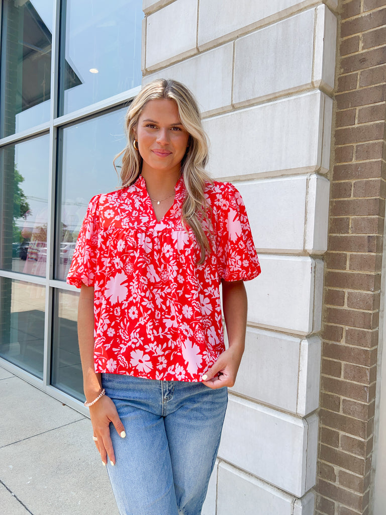 Pink/Red Floral Puff Sleeve Top Clothing THML   