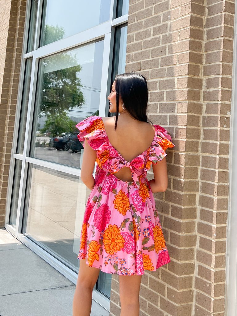 Pink Floral Puff Flutter Sleeve Dress Clothing Olivaceous   
