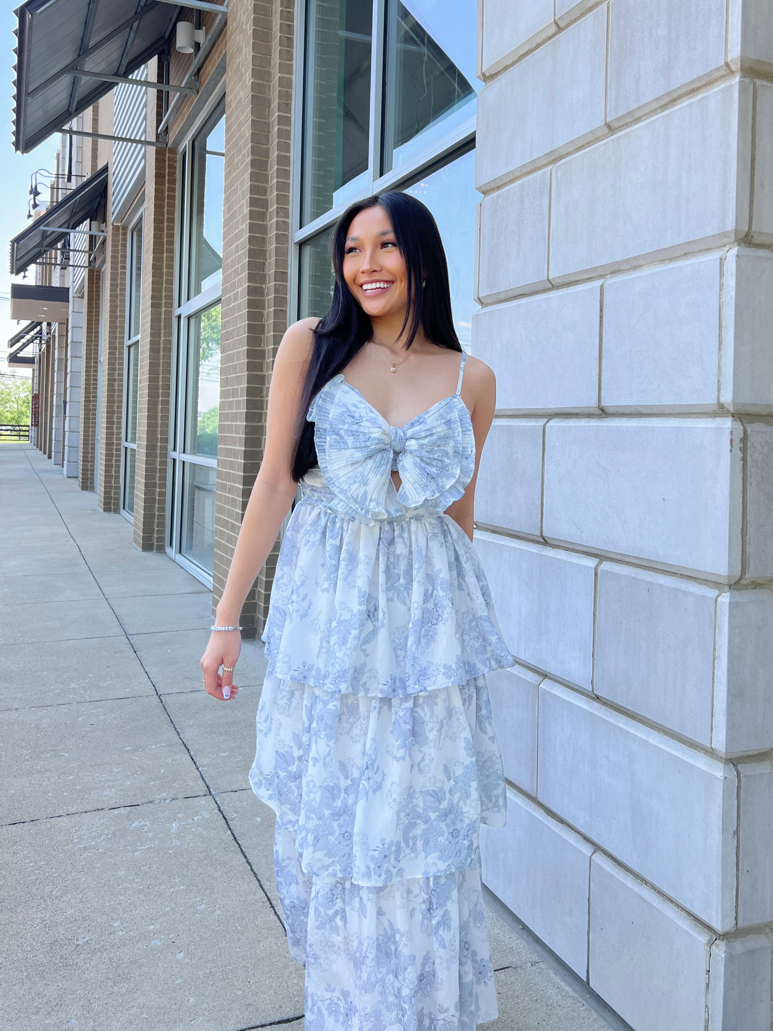 White/Blue Printed Bow Tiered Midi Dress White/Blue Printed Bow Tiered Midi Dress