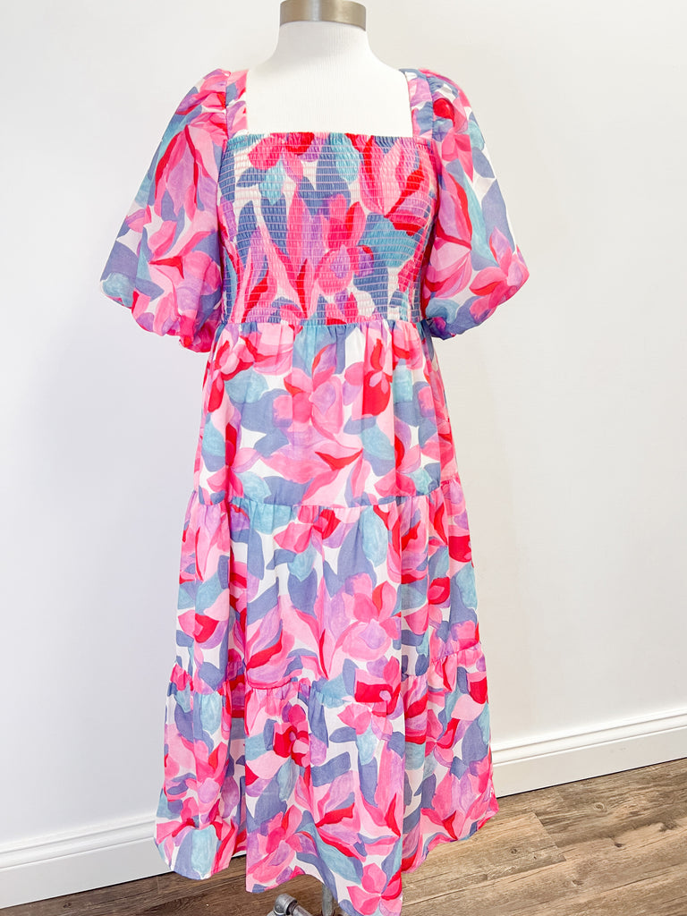 Pink Puff Sleeve Flower Printed Midi Dress Clothing THML   