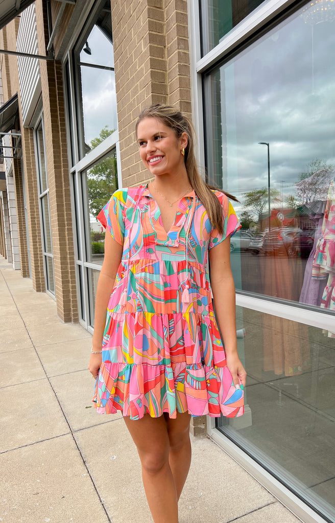 Neon Abstract Tiered V-Neck Dress Clothing Olivaceous   