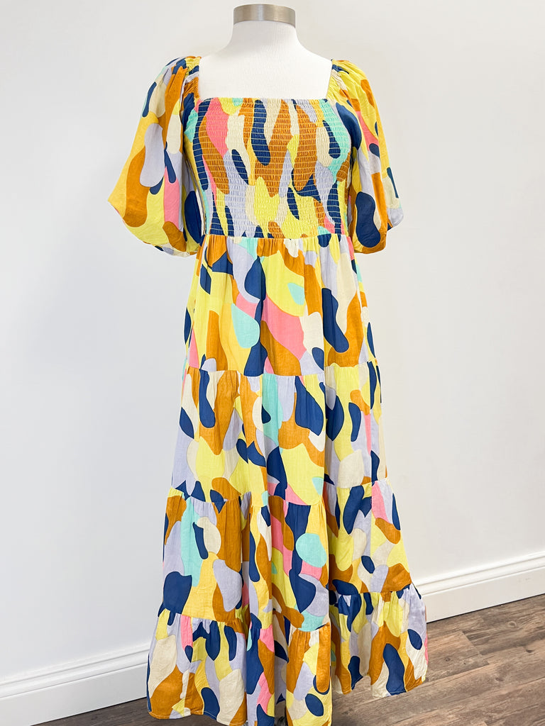 Yellow Multi Abstract Smocked Puff Sleeve Maxi Dress Clothing THML   