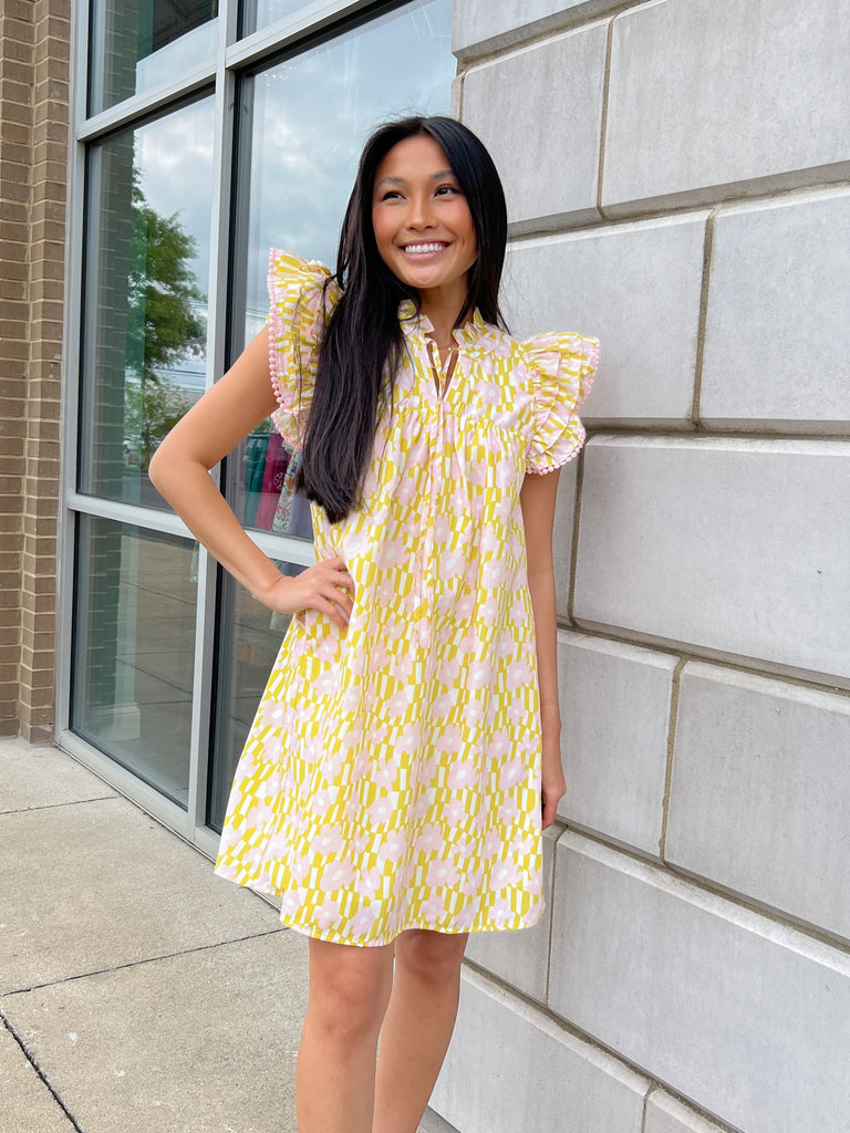 Pink/Floral Mustard Print Ruffle Sleeve Dress Clothing THML   