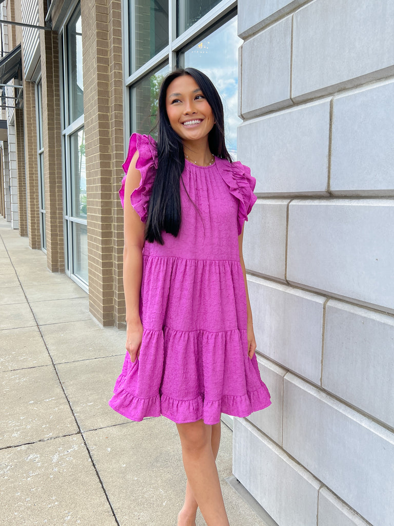 Purple Textured Ruffle Slv Tiered Dress Clothing Entro   