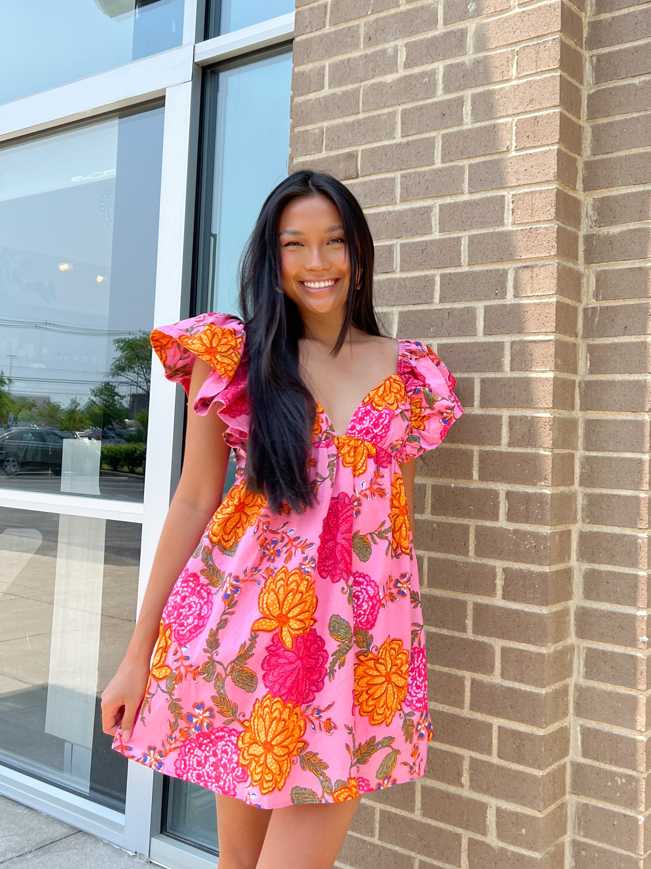 Pink Floral Puff Flutter Sleeve Dress – Peacocks & Pearls Lexington