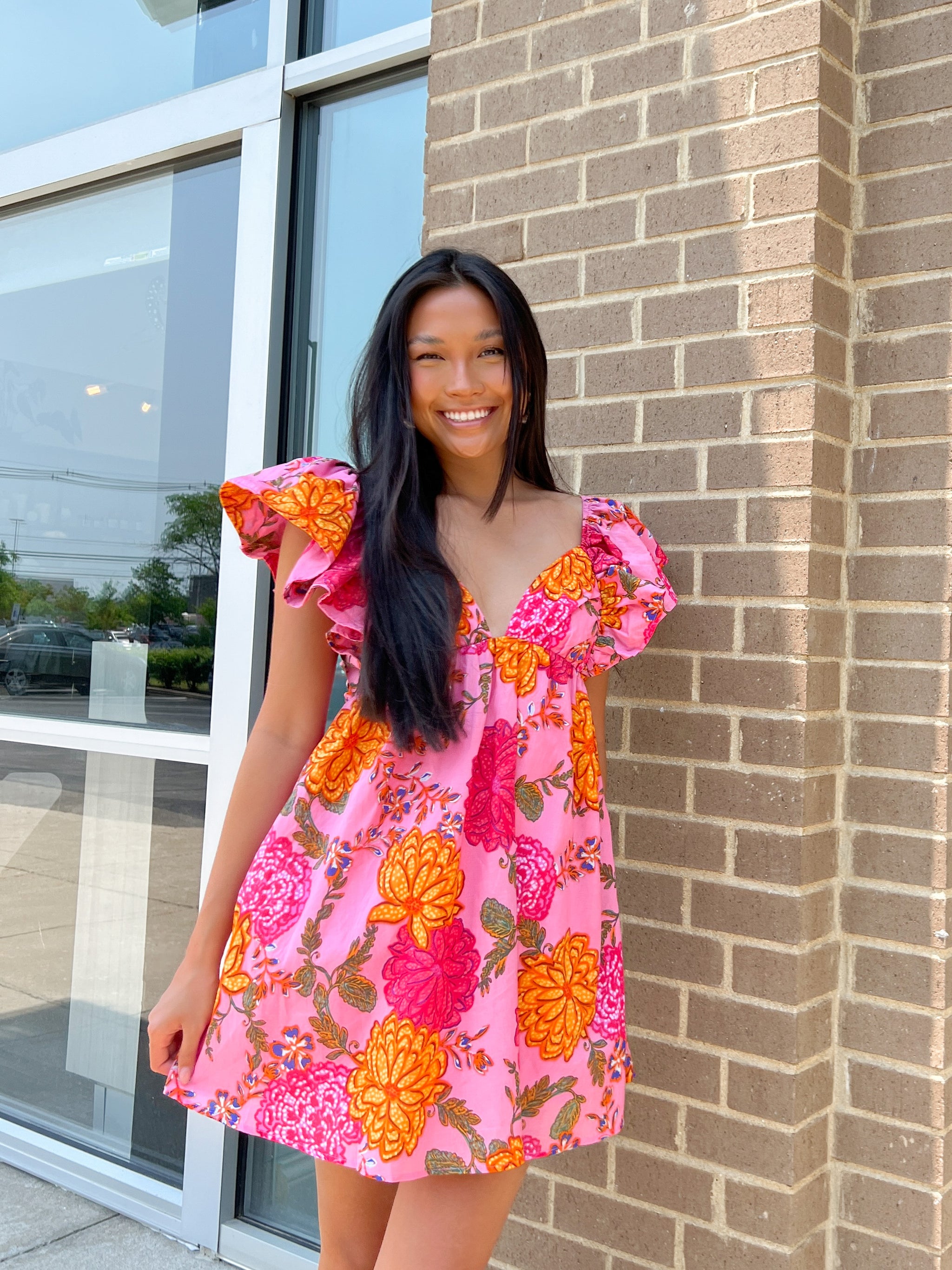 pink floral dress with puff sleeves Pink Floral Puff Flutter Sleeve Dress