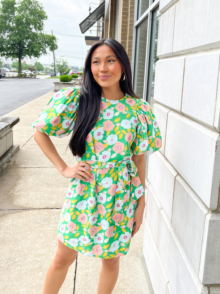 Green Floral Puff Sleeve Belted Dress Clothing August Apparel   