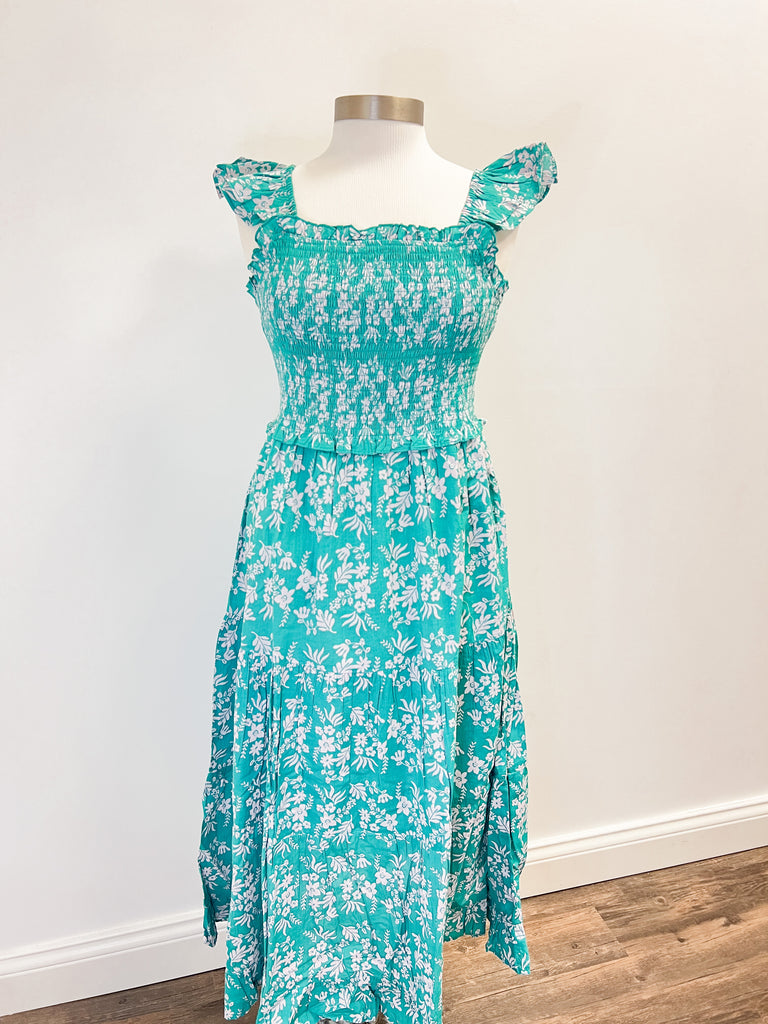 Green Floral Printed Smocked Maxi Dress Clothing THML   