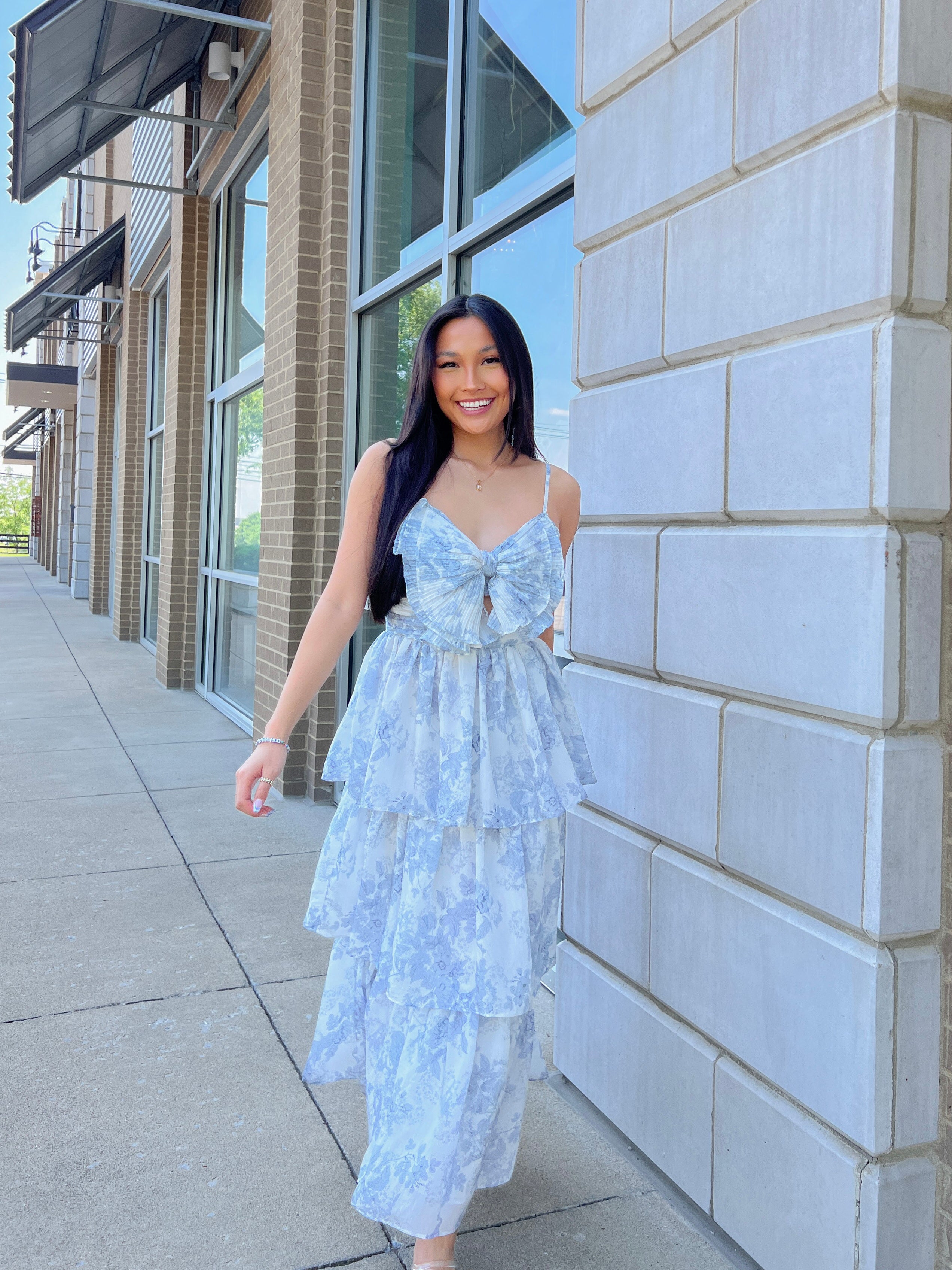 White/Blue Printed Bow Tiered Midi Dress White/Blue Printed Bow Tiered Midi Dress