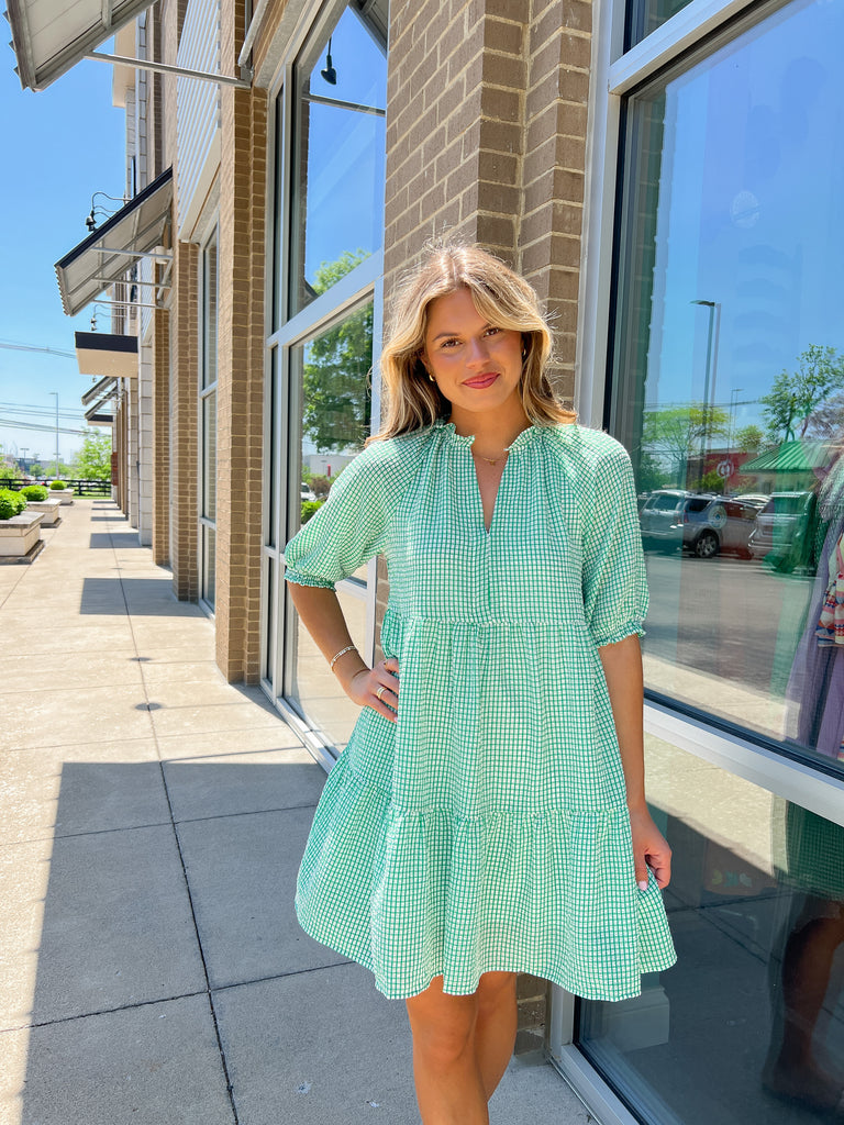 Green Gingham Tiered 3/4 Slv Dress Clothing THML   