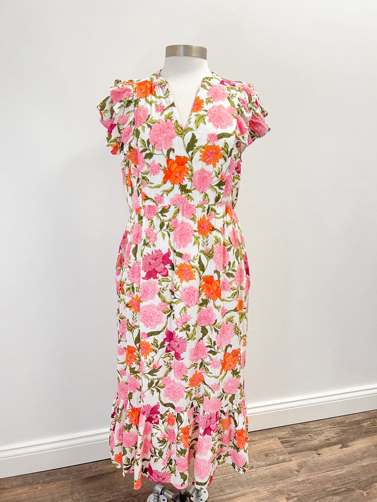 Pink/Orange Floral Maxi Flutter Sleeve Dress Clothing THML   