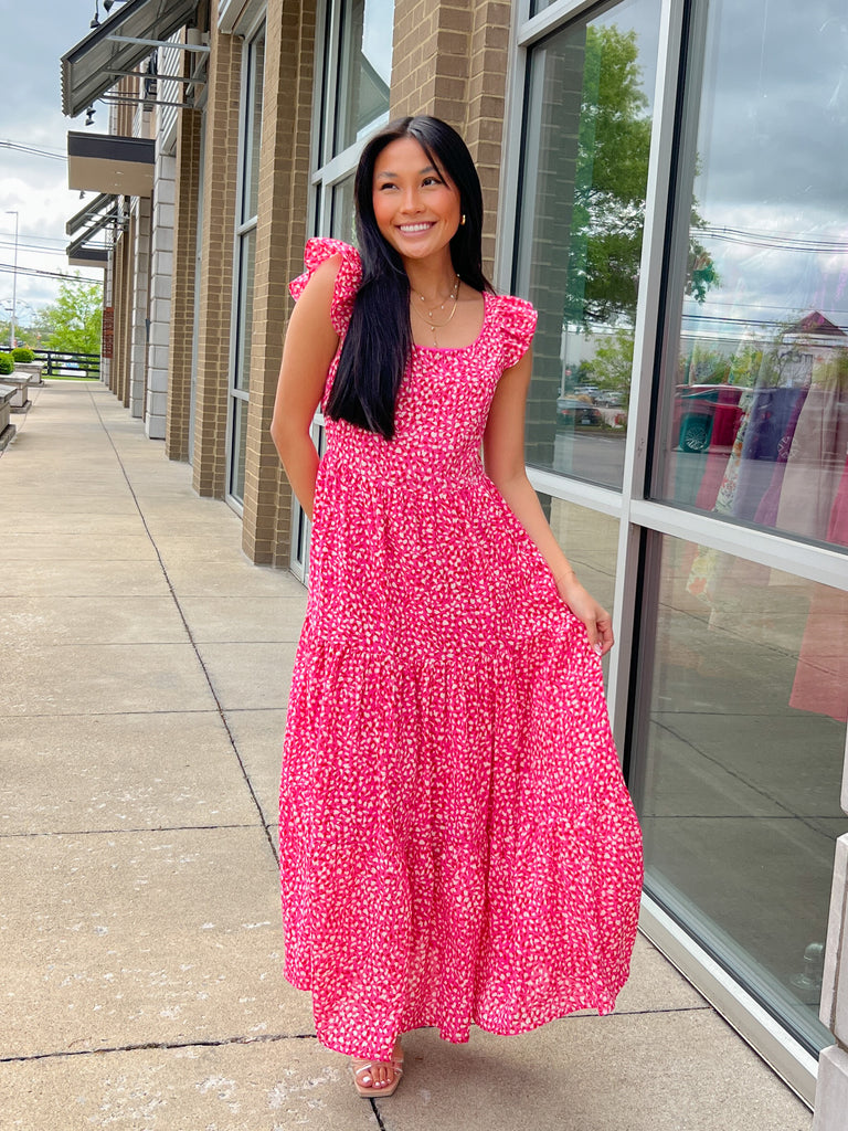 Cheetah Print Flutter Slv Tiered Maxi Dress Clothing She + Sky Pink S 