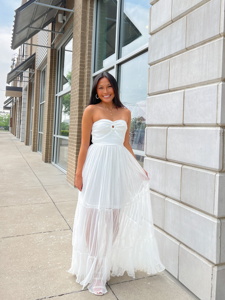 White Strapless Pleated Tulle Maxi Dress Clothing GPD   