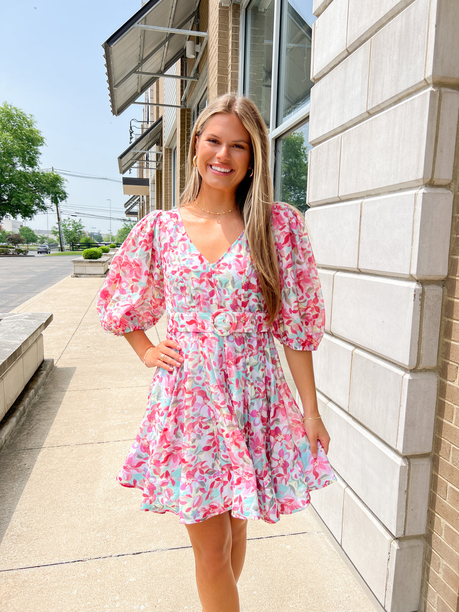 Pink Printed Floral 3/4 Slv Belted Dress – Peacocks & Pearls Lexington