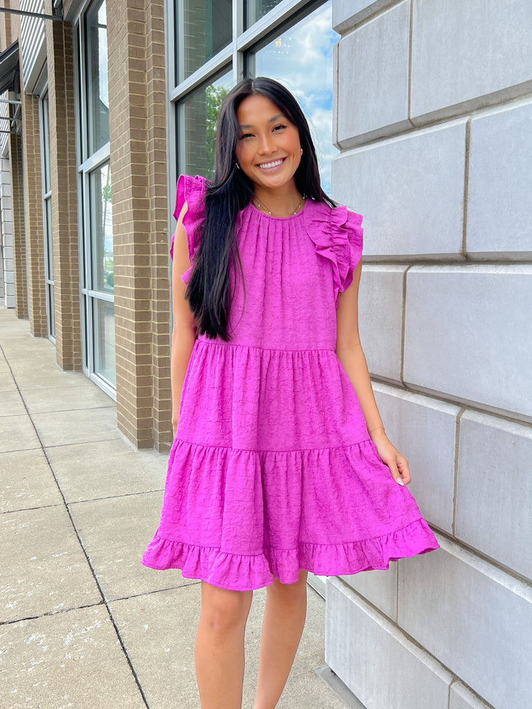 Purple Textured Ruffle Slv Tiered Dress Clothing Entro   