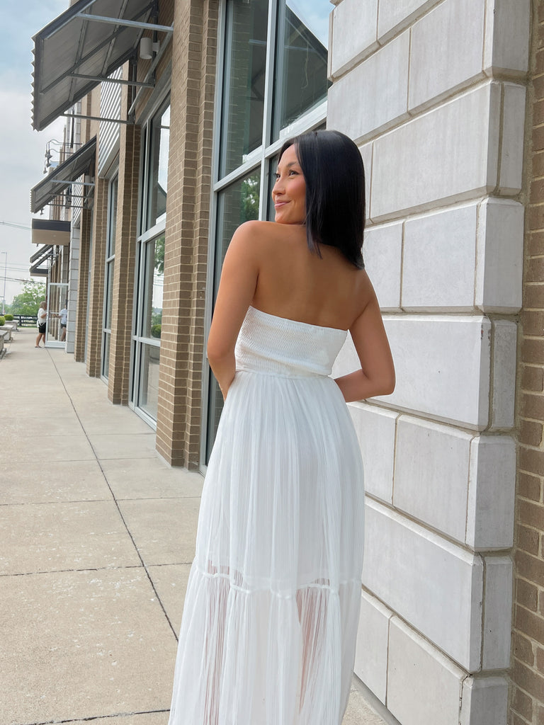 White Strapless Pleated Tulle Maxi Dress Clothing GPD   