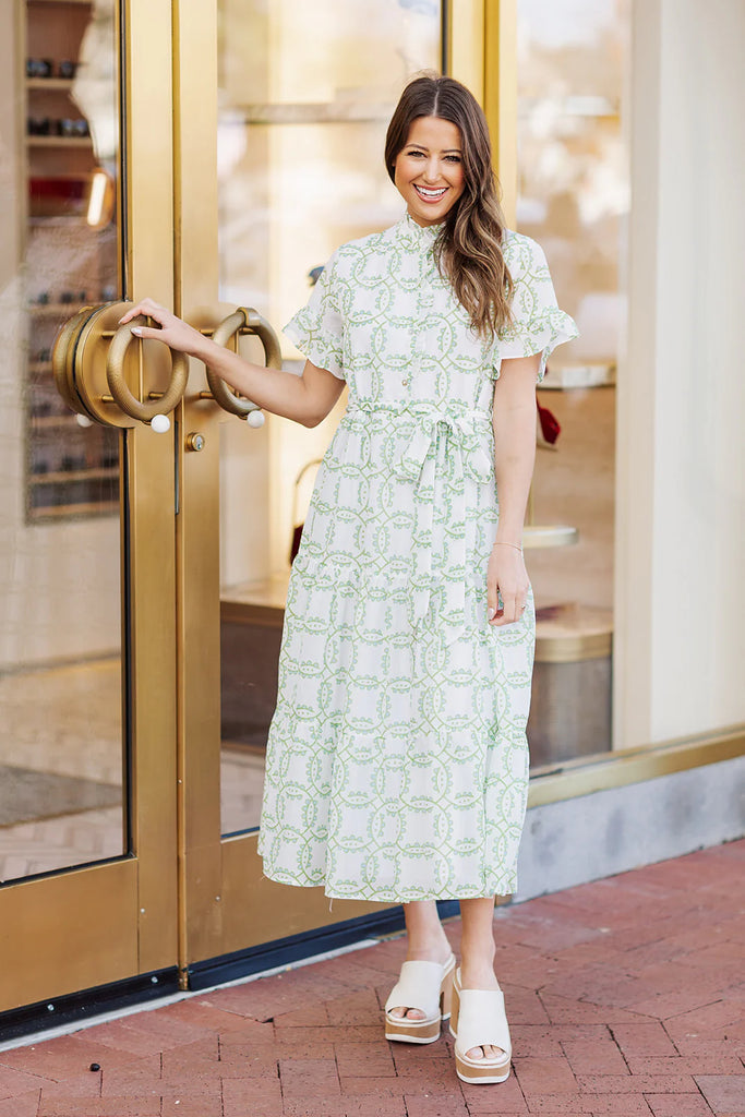 White W/ Green Pattern Button Up Dress Clothing J. Marie   